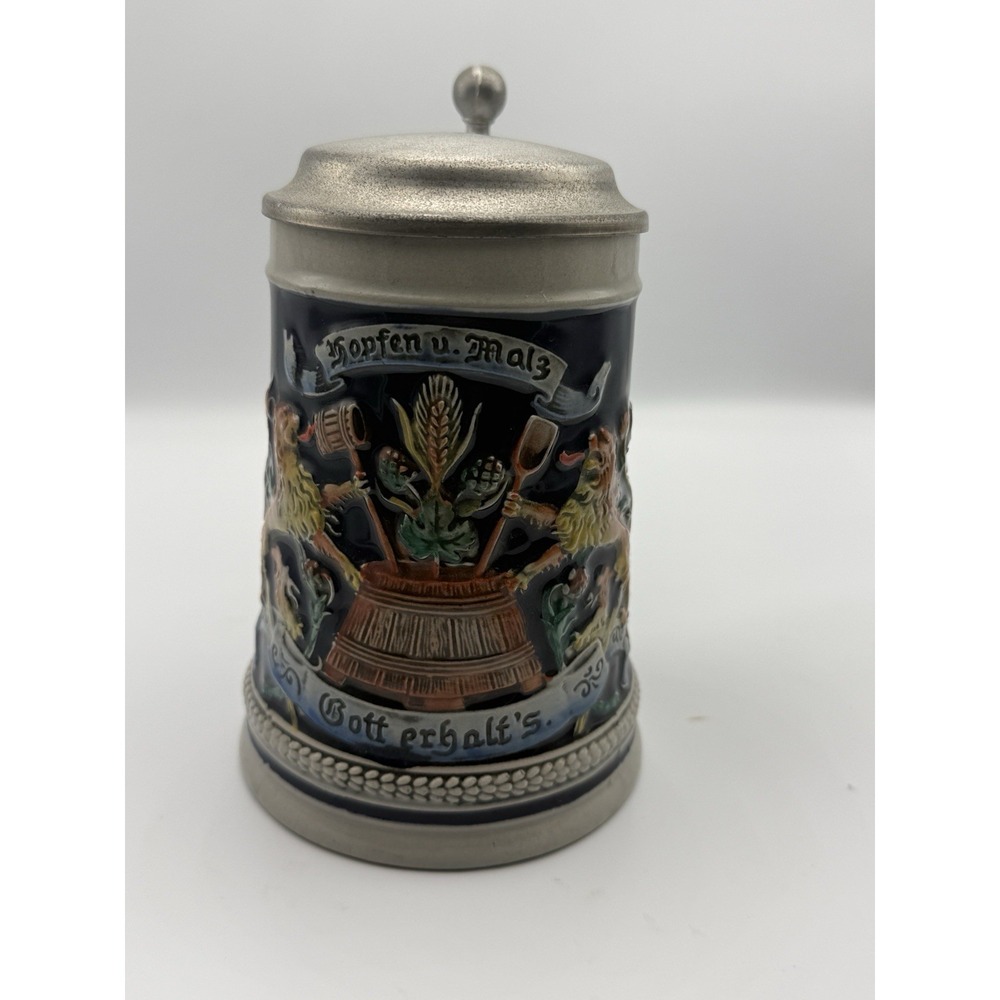 Vtg Gerz Pewter Lidded German Beer Stein Blue Hopfen Maiz Gott erhalts Lions 6"
